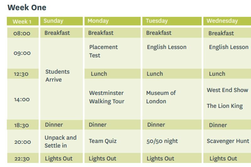 Exemple de programme d'activités - semaine 1 - Séjour junior Londres